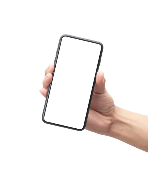 Mężczyzna Ręka Trzymając Czarny Smartfon Pusty Ekran Odizolowany Białym Tle — Zdjęcie stockowe