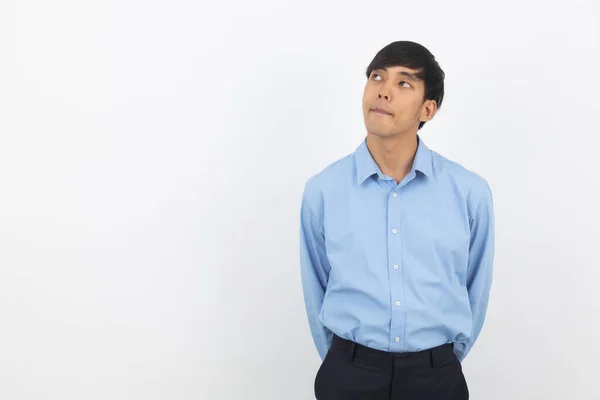 Junge Schöne Asiatische Geschäftsmann Denken Eine Idee Während Sie Nach — Stockfoto