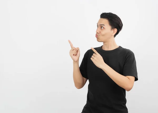 Young Asian Man Black Shirt Pointing Side Finger Present Product — Stock Photo, Image