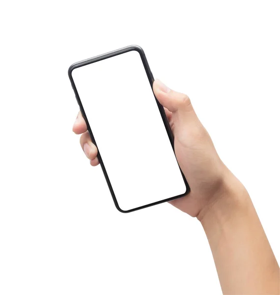Männliche Hand Hält Das Schwarze Smartphone Mit Leerem Bildschirm Isoliert — Stockfoto