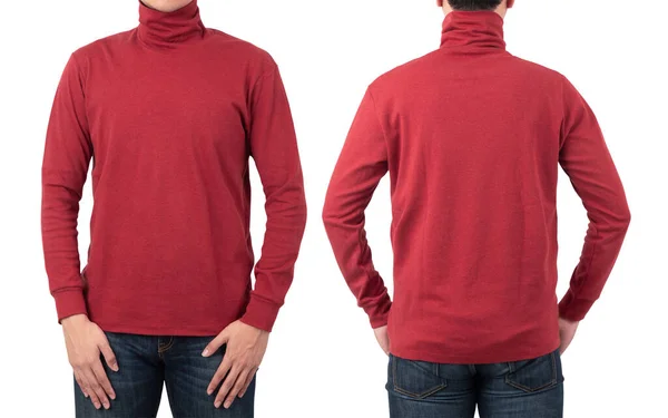Modelo Masculino Desgaste Vermelho Liso Manga Comprida Shirt Modelo Mockup — Fotografia de Stock