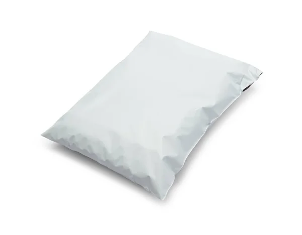 Blank White Plastic Bag Package Mockup Template Isolated White Background — Stock Photo, Image