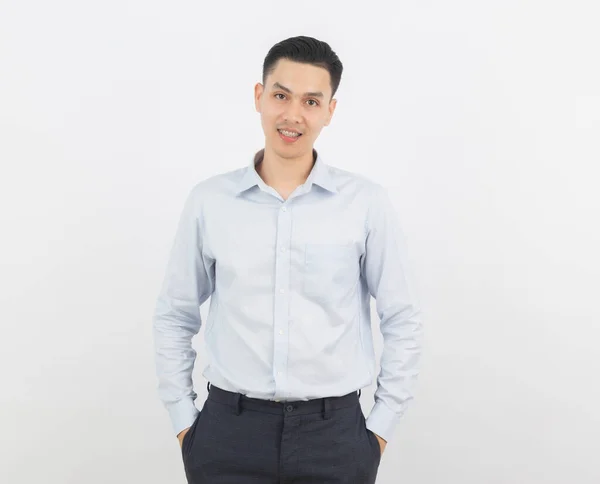 Ung Vacker Asiatisk Affärsman Som Vill Kameran Isolerad Vit Bakgrund — Stockfoto