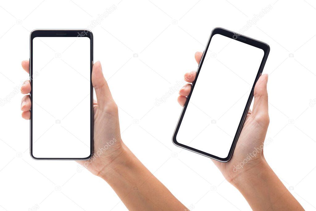 Set of woman hand holding the black smartphone with blank screen isolated on white background with clipping path.