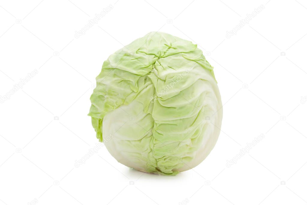 Whole green cabbage isolated on white background with clipping path.