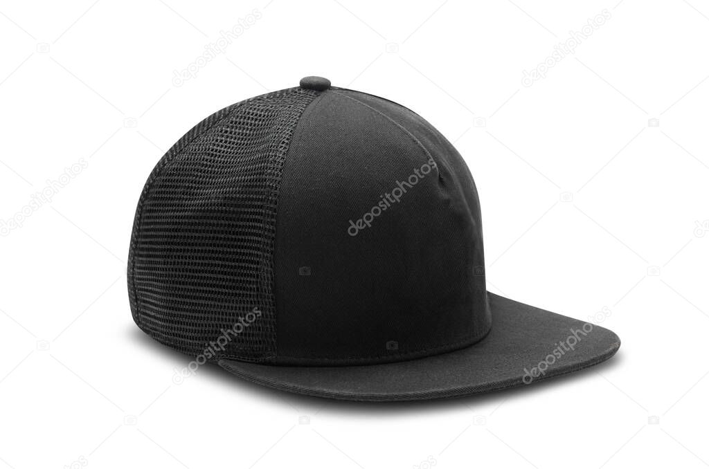 Black snapback cap isolated on white background with clipping path.