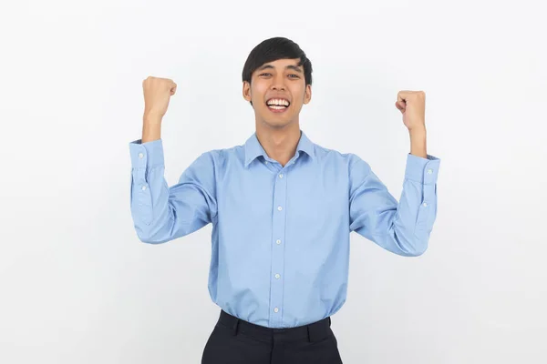 Excited Young Business Asian Man Raising His Fists Happy Delighted — Stock Photo, Image