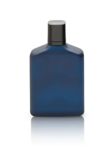 Темно Голубая Бутылка Духи Изолированы Белом Фоне Отражением Обрезки Пути — стоковое фото