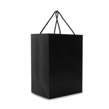 Yan görünümlü siyah kağıt çanta kırpma yolu ile beyaz arkaplan izole.