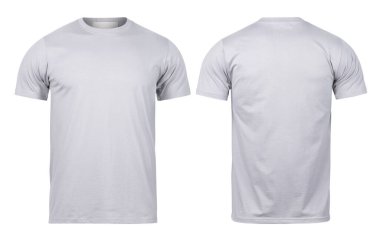 Gri t-shirt ön ve arka görünüm model beyaz arkaplanda kırpma yolu ile izole.