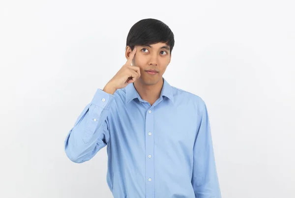 Jovem Bonito Asiático Homem Negócios Pensando Uma Ideia Enquanto Olha — Fotografia de Stock