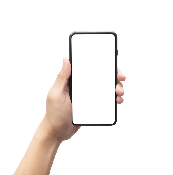 Mężczyzna Ręka Trzymając Czarny Smartfon Pusty Ekran Odizolowany Białym Tle — Zdjęcie stockowe