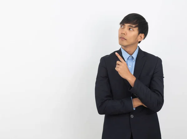 Junger Asiatischer Geschäftsmann Mit Blauem Hemd Der Mit Einer Hand — Stockfoto