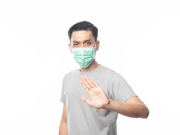 Ung Asiatisk Man Bär Hygienisk Mask Gesterande Stopp För Att — Stockfoto