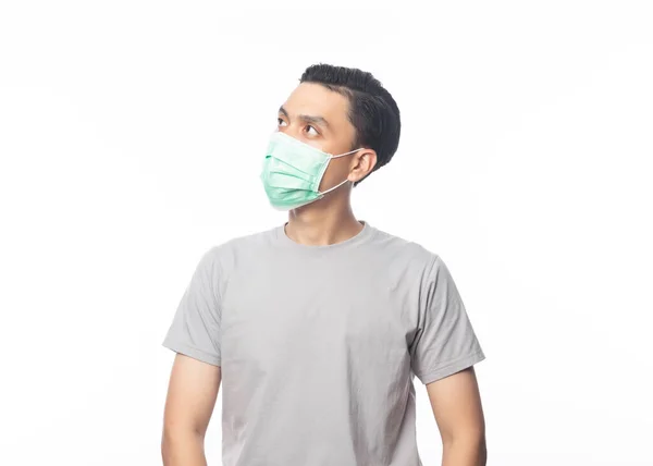 Young Asian Man Wearing Hygienic Mask Looking Copyspace Prevent Infection — Stock Photo, Image