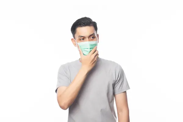 Ung Asiatisk Man Med Hygienisk Mask Och Tänkande För Att — Stockfoto