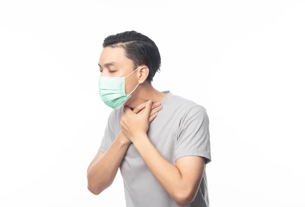 Ung Asiatisk Man Hygienisk Mask Med Ont Halsen 2019 Ncov — Stockfoto