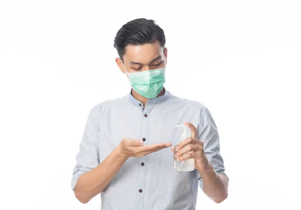 Ung Asiatisk Affärsman Bär Hygienisk Mask Och Använder Handinitiator Eller — Stockfoto