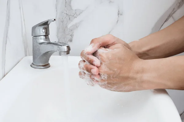Young Man Washing Hands Sink Bathroom Closeup Corona Virus Covid — Stock Photo, Image