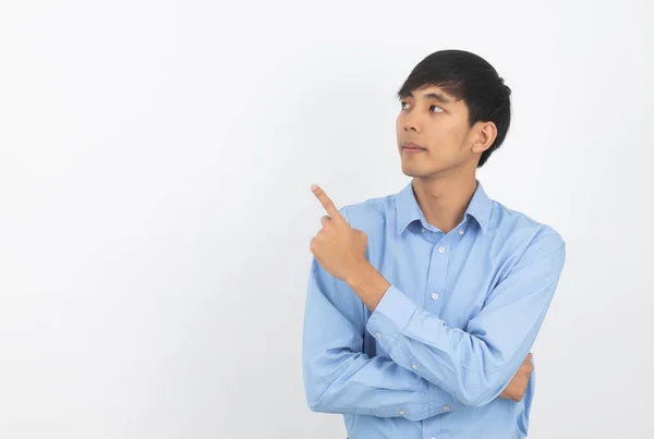 Junger Asiatischer Geschäftsmann Mit Blauem Hemd Der Mit Einer Hand — Stockfoto