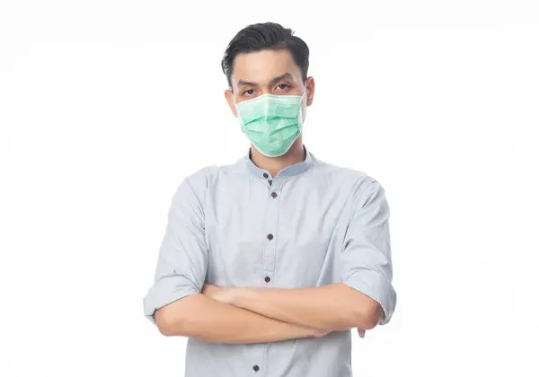 Ung Asiatisk Affärsman Bär Hygienisk Mask Och Armarna Korsade Förhindra — Stockfoto