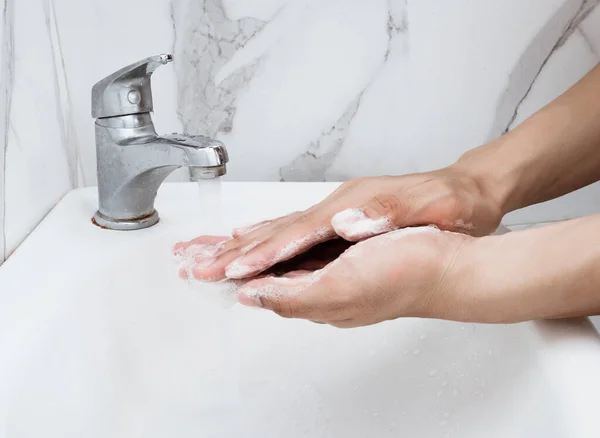 Young Man Washing Hands Sink Bathroom Closeup Corona Virus Covid — Stock Photo, Image