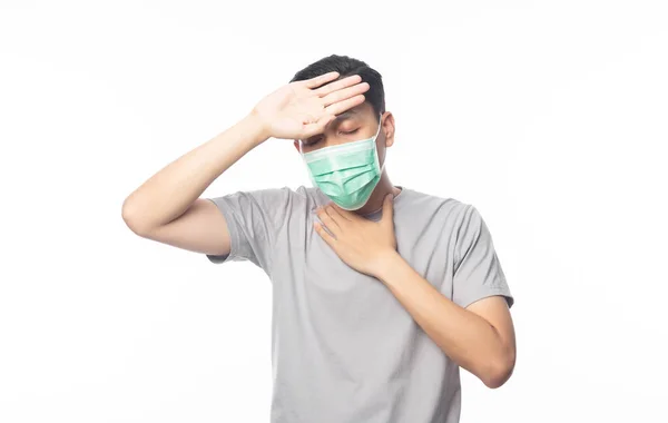 Young Asian Man Hygienic Mask Suffering Sore Throat Having Flu — Stockfoto