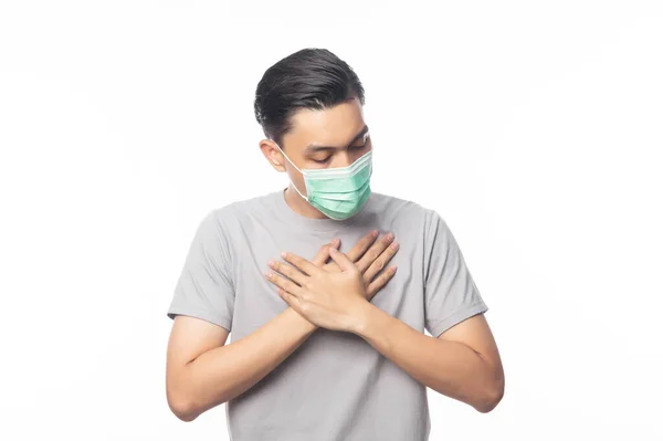 Young Asian Man Hygiënisch Masker Heeft Keelpijn 2019 Ncov Coronavirus — Stockfoto