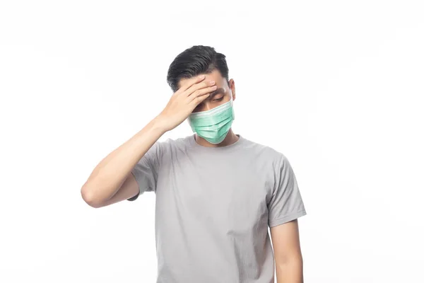 Young Asian Man Hygienic Mask Headache Having Flu 2019 Ncov — Stock Photo, Image