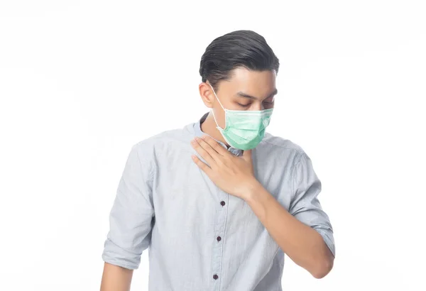 Νεαρός Ασιάτης Επιχειρηματίας Μάσκα Υγιεινής Που Υποφέρει Από Πονόλαιμο 2019 — Φωτογραφία Αρχείου