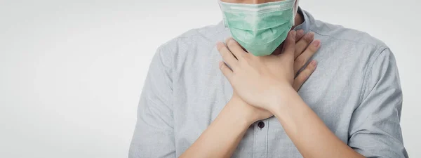 Junger Geschäftsmann Hygienemaske Leidet Unter Halsschmerzen 2019 Ncov Oder Coronavirus — Stockfoto