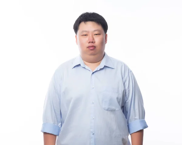Azji Tłuszcz Człowiek Niebieskiej Koszuli Patrząc Kamery Izolowane Białym Tle — Zdjęcie stockowe