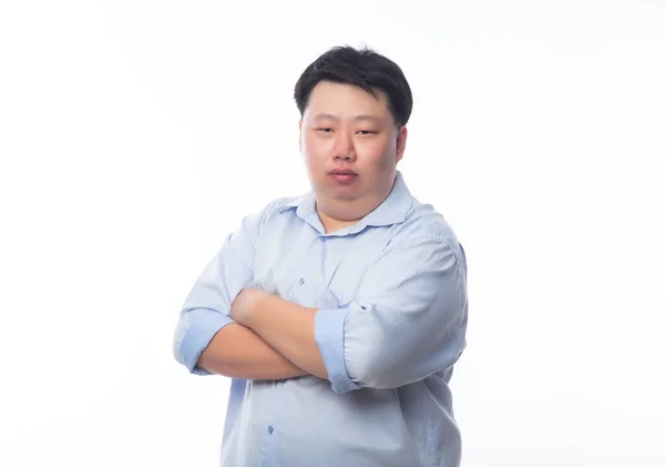 Asian Fat Man Blue Shirt Arms Crossed Looking Camera Isolated — Stock Photo, Image