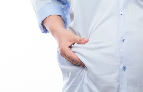 白い背景に大きな腹太りすぎの孤立した脂肪男 成功しない食事療法 減量の概念 タイトシャツ — ストック写真