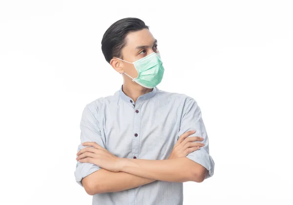 Ung Asiatisk Affärsman Bär Hygienisk Mask Och Tittar Upp Förhindra — Stockfoto