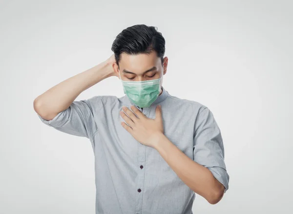 Ung Asiatisk Affärsman Hygienisk Mask Som Lider Ont Halsen Och — Stockfoto