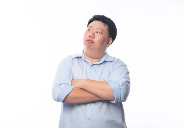 Asijské Tuk Muž Modré Košili Paže Překročil Hledá Kopírovací Prostor — Stock fotografie