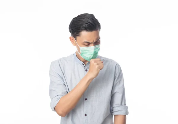 Hijyenik Maskeli Genç Asyalı Işadamı Boğazı Ağrıyan 2019 Ncov Koronavirüs — Stok fotoğraf
