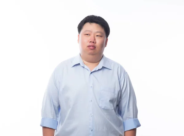 Azji Tłuszcz Człowiek Niebieskiej Koszuli Myślenia Patrząc Copyspace Izolowane Białym — Zdjęcie stockowe