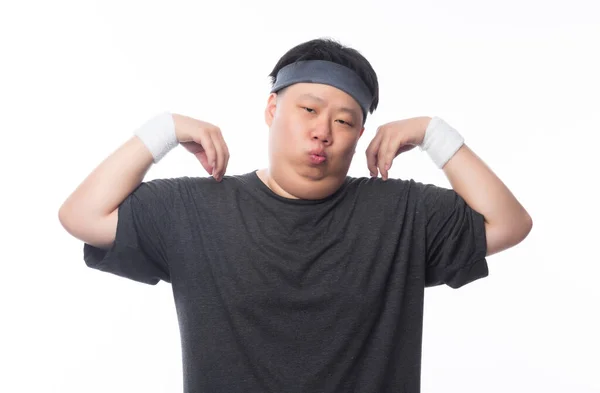 Asian Funny Fat Man Sport Outfits Make Streching Workout Looking — Stock Photo, Image