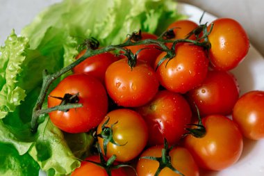 Beyaz tabakta sulu vişneli domatesler - üst manzara
