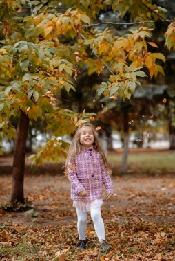 Komik kız. 5 yaşında. Sonbaharda parkta yürüyor.