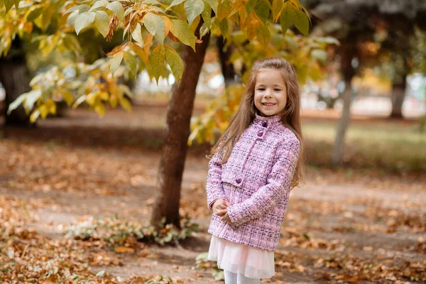 Grappig Meisje Jaar Oude Wandelingen Het Park Herfst — Stockfoto