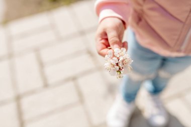 Küçük kız baharda çiçek açan bir ağacın arka planında yürüyor.