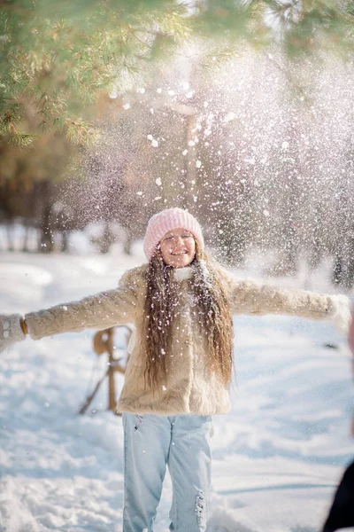 Cute Curly Girl Years Old Plays Snowy Forest Winter — Stock Photo, Image