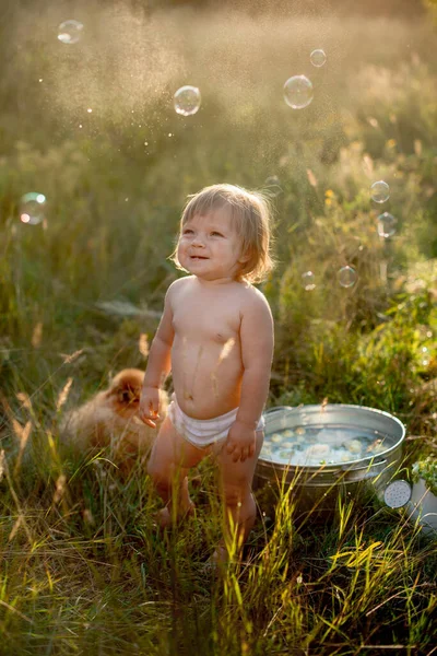 Pequeno Bebê Banha Uma Bacia Gramado Verão — Fotografia de Stock