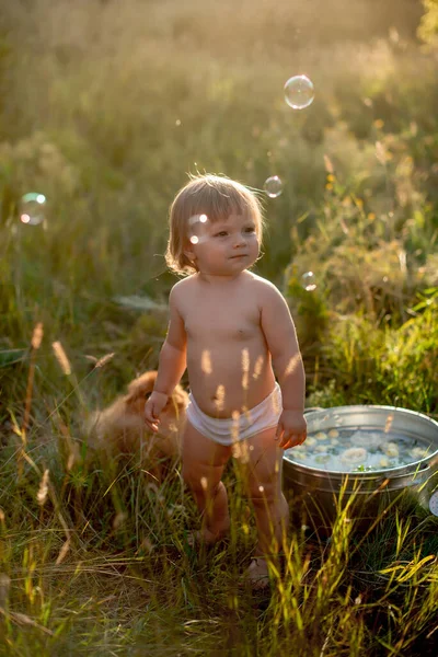 Kleines Baby Badet Becken Auf Sommerrasen — Stockfoto