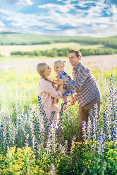 Little girl 3 years old with parents in a flowering field with blue flowers