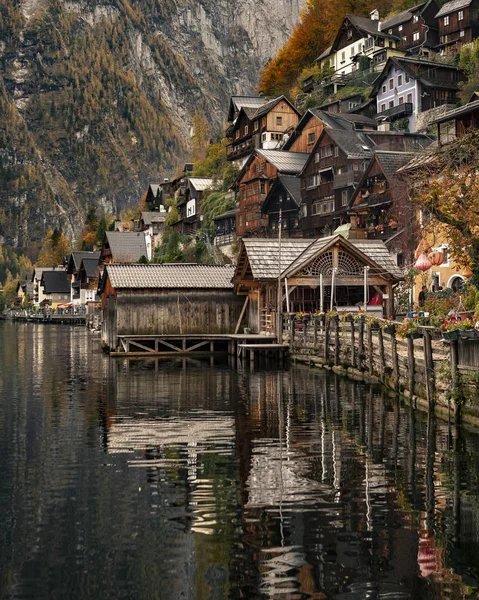 Aldeia Hallstatt Lago Hallstatter Nos Alpes Austríacos Luz Noturna Durante — Fotografia de Stock