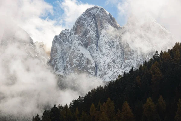 在阳光明媚的冬日 意大利阿尔卑斯山的冰雪覆盖着树木和高山 背景为雪 — 图库照片
